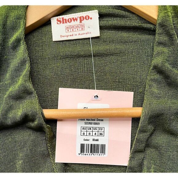 NWT Showpo Kaitie Mini Deep V Open Front Ruched Dress in Khaki, Size 4 - Picture 12 of 16